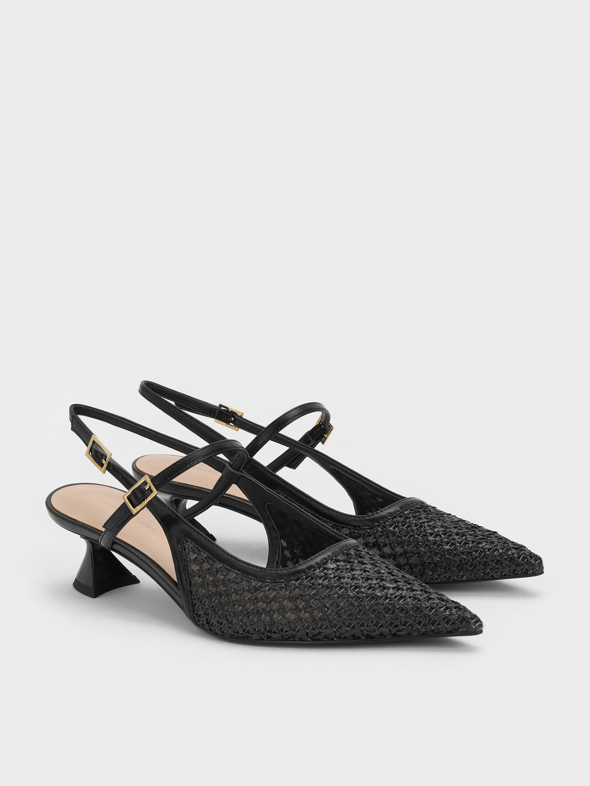 CHARLES & KEITH Classic / Raffia Sculptural-Heel Slingback Pumps - Black Textured