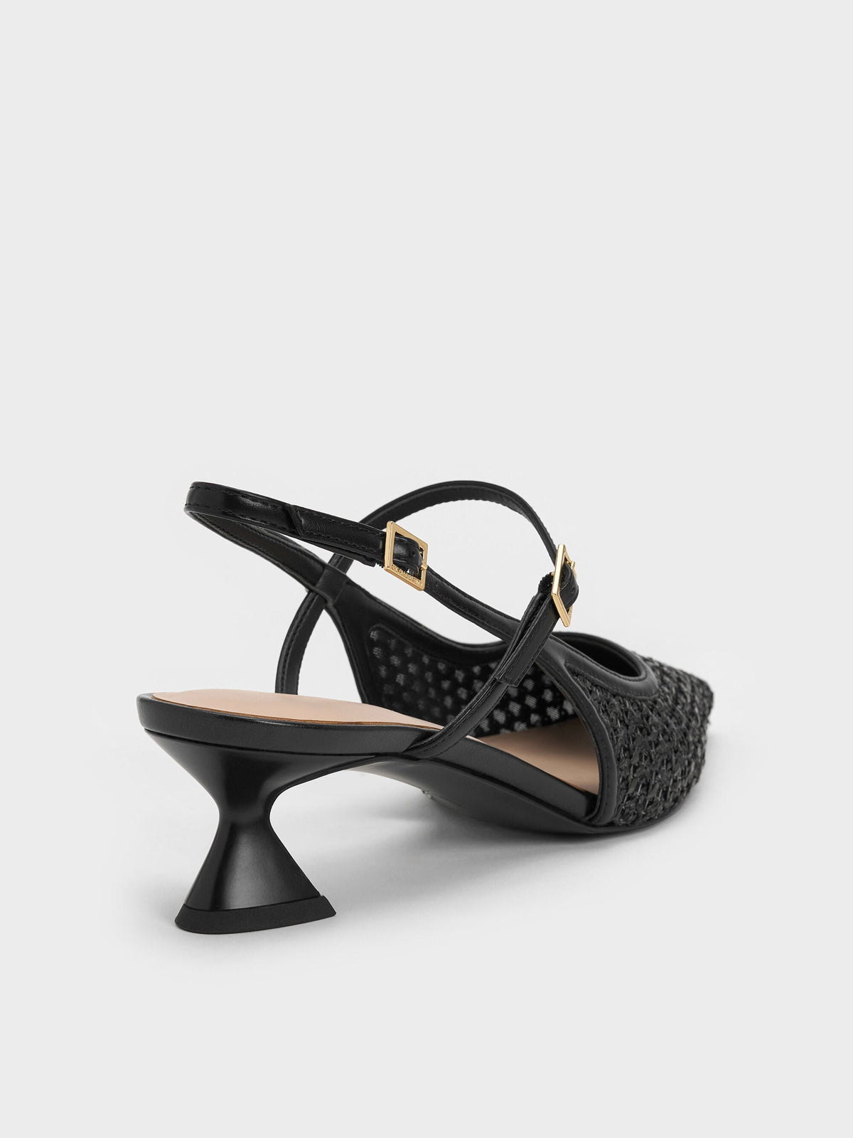 CHARLES & KEITH Classic / Raffia Sculptural-Heel Slingback Pumps - Black Textured