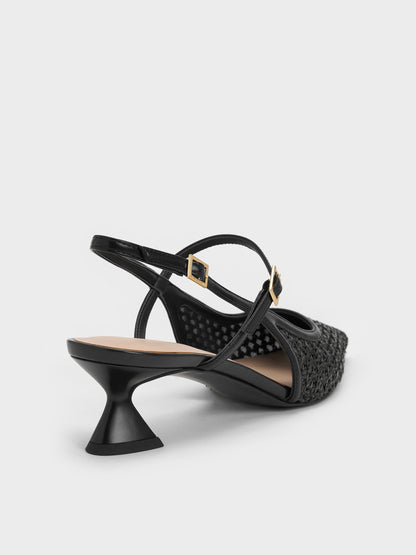 CHARLES & KEITH Classic / Raffia Sculptural-Heel Slingback Pumps - Black Textured