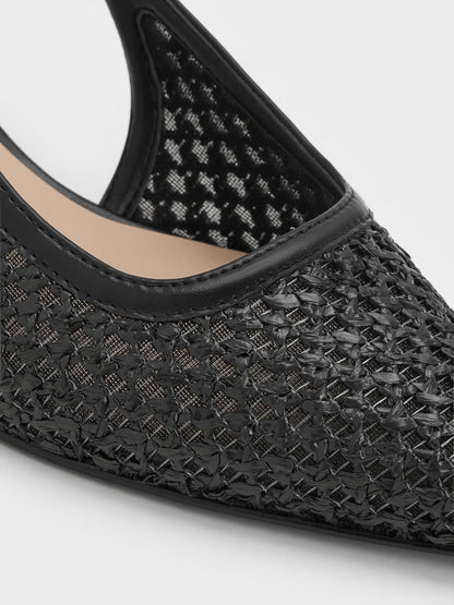 CHARLES & KEITH Classic / Raffia Sculptural-Heel Slingback Pumps - Black Textured