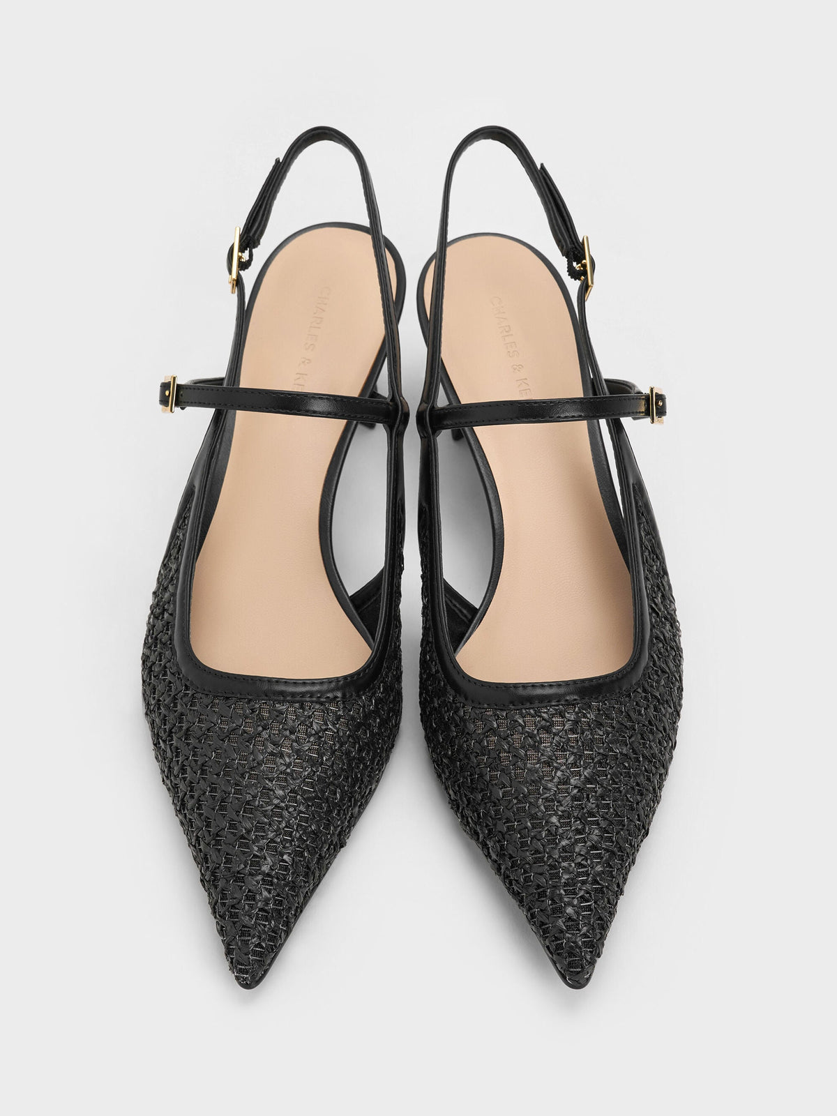 CHARLES & KEITH Classic / Raffia Sculptural-Heel Slingback Pumps - Black Textured