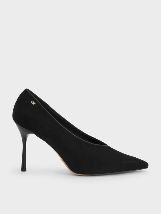 CHARLES & KEITH Classic / Leather & Suede Pointed Pumps - Black Textured