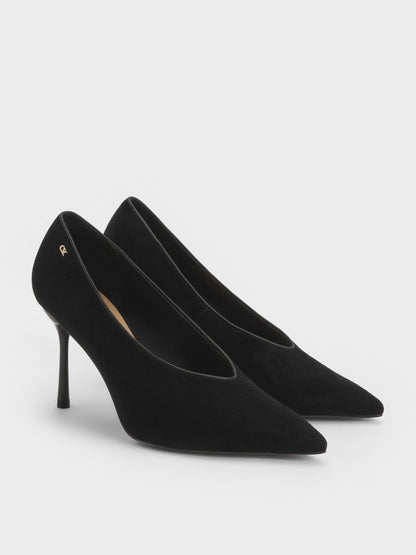 CHARLES & KEITH Classic / Leather & Suede Pointed Pumps - Black Textured