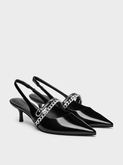 CHARLES & KEITH Popular / Georgie Chain Slingback Kitten Heels - Black Box