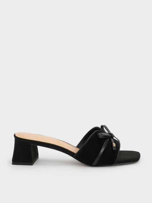 CHARLES & KEITH Essential / Leather & Suede Bow Heeled Mules - Black Textured