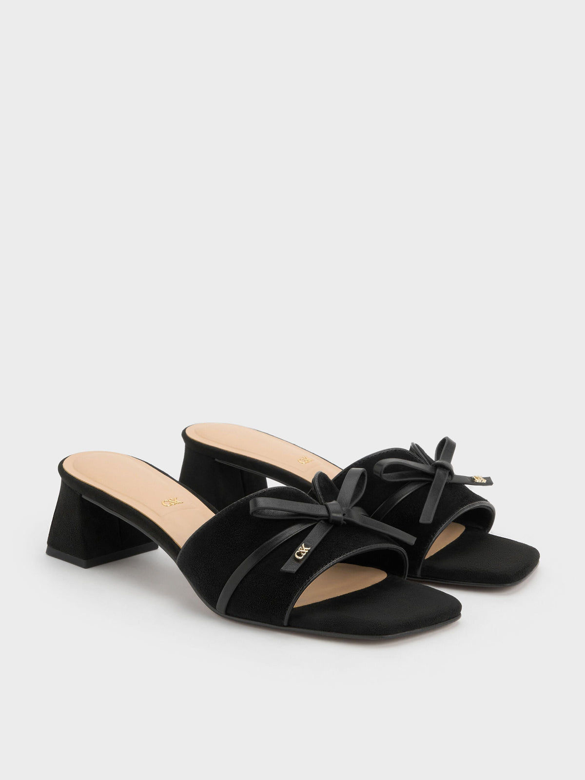 CHARLES & KEITH Essential / Leather & Suede Bow Heeled Mules - Black Textured