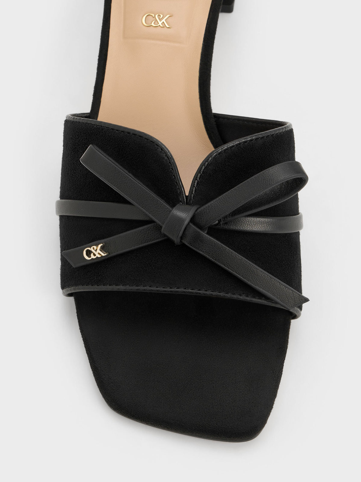 CHARLES & KEITH Essential / Leather & Suede Bow Heeled Mules - Black Textured