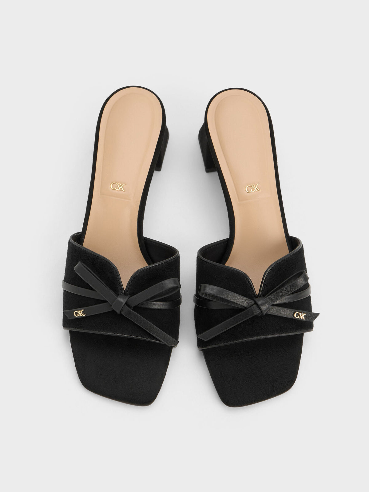 CHARLES & KEITH Essential / Leather & Suede Bow Heeled Mules - Black Textured
