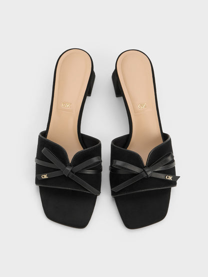CHARLES & KEITH Essential / Leather & Suede Bow Heeled Mules - Black Textured