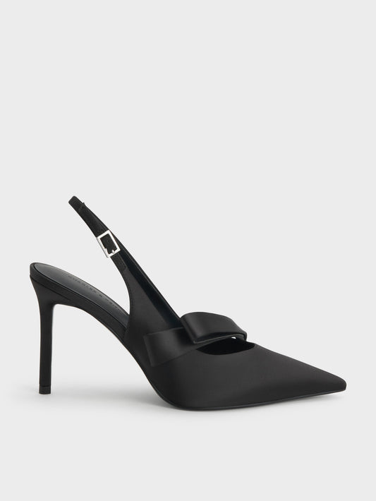 CHARLES & KEITH Value / Satin Pleated-Strap Slingback Pumps - Black Textured