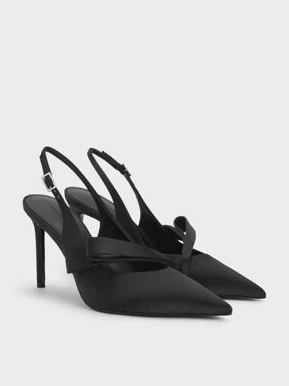 CHARLES & KEITH Value / Satin Pleated-Strap Slingback Pumps - Black Textured