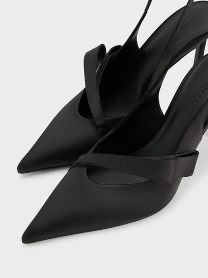 CHARLES & KEITH Value / Satin Pleated-Strap Slingback Pumps - Black Textured