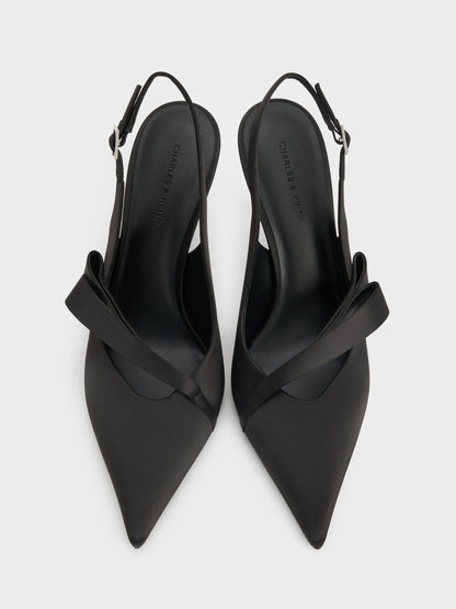 CHARLES & KEITH Value / Satin Pleated-Strap Slingback Pumps - Black Textured