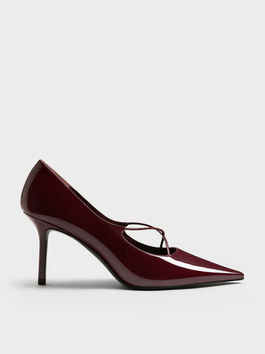CHARLES & KEITH Classic / Patent Crossover Pointed Pumps - Burgundy