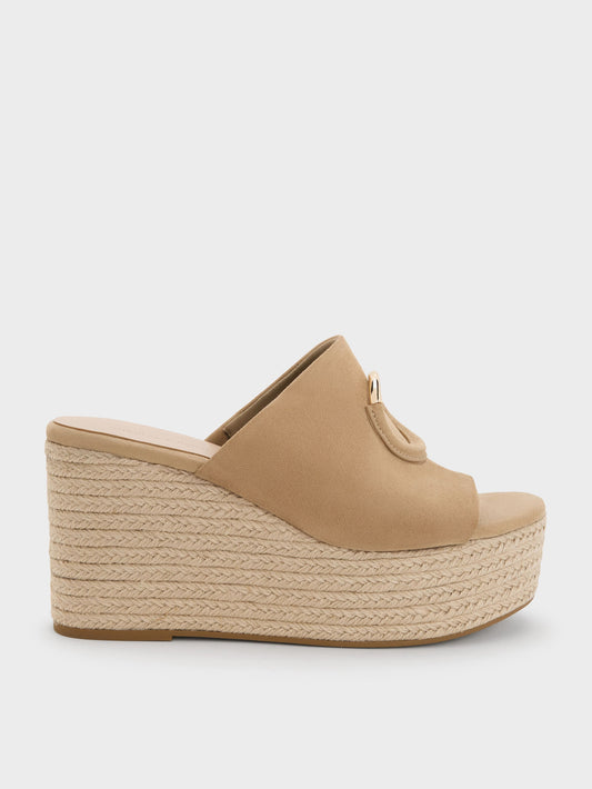 CHARLES & KEITH Premium / Faux Suede Metallic-Accent Espadrille Wedges - Sand