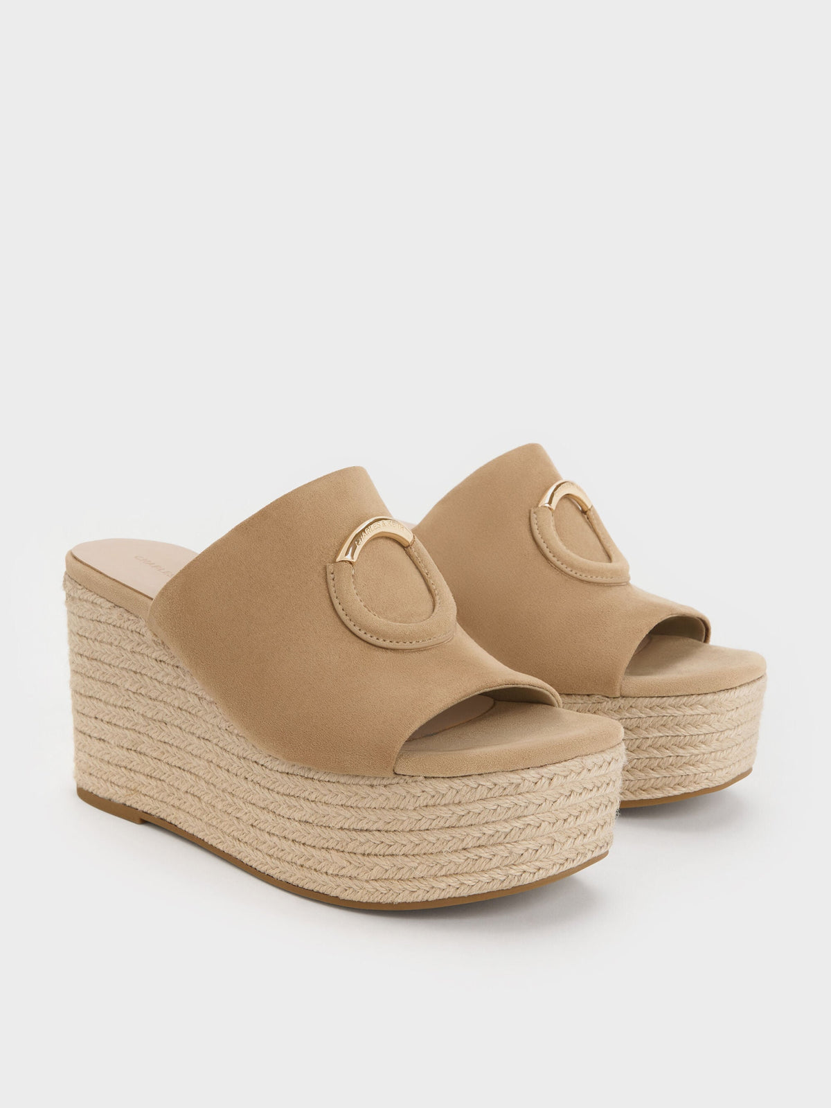 CHARLES & KEITH Premium / Faux Suede Metallic-Accent Espadrille Wedges - Sand