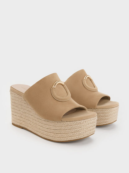 CHARLES & KEITH Premium / Faux Suede Metallic-Accent Espadrille Wedges - Sand