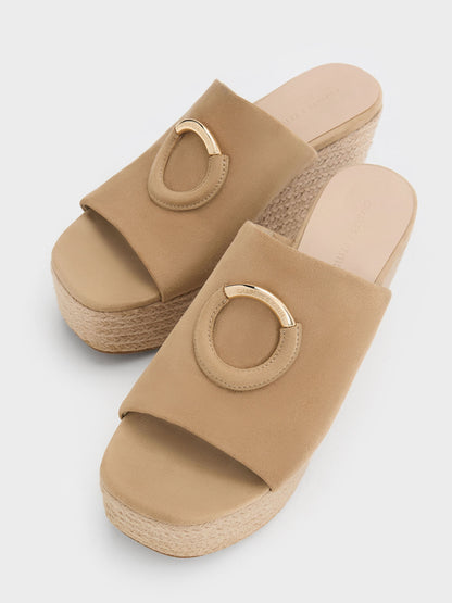 CHARLES & KEITH Premium / Faux Suede Metallic-Accent Espadrille Wedges - Sand