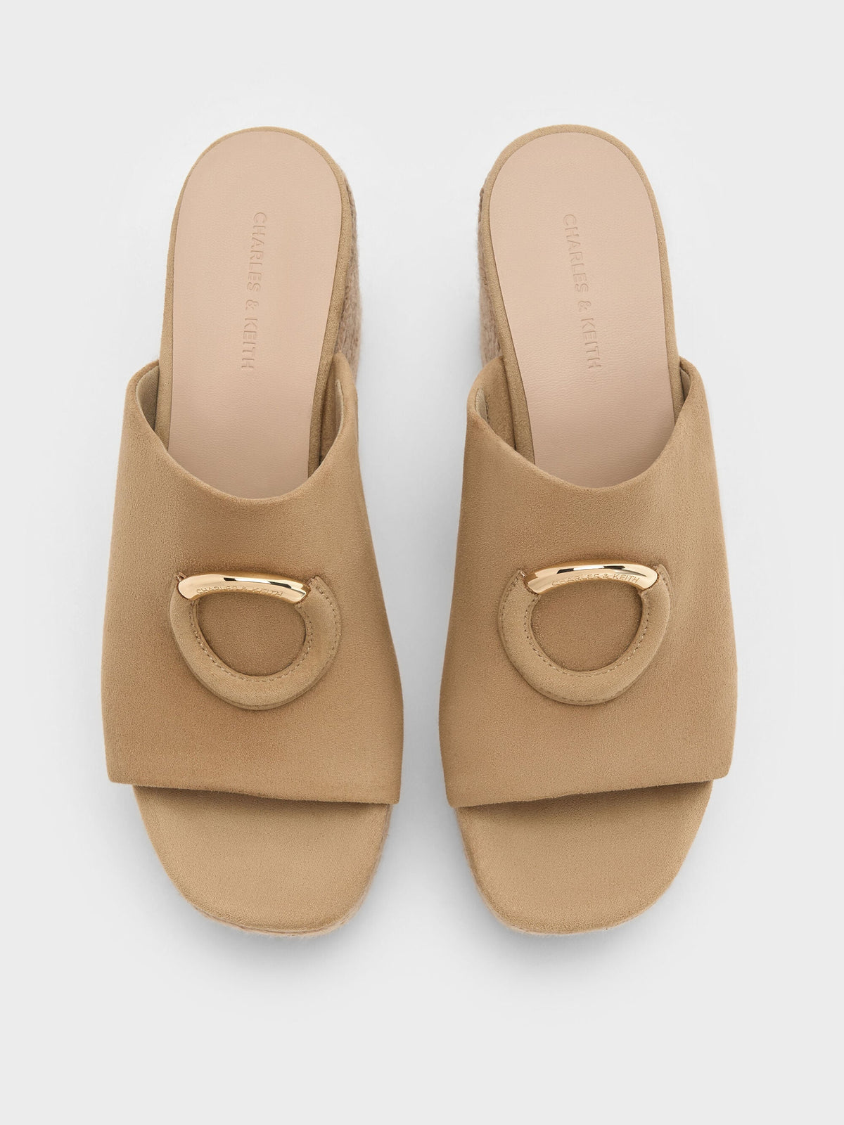 CHARLES & KEITH Premium / Faux Suede Metallic-Accent Espadrille Wedges - Sand