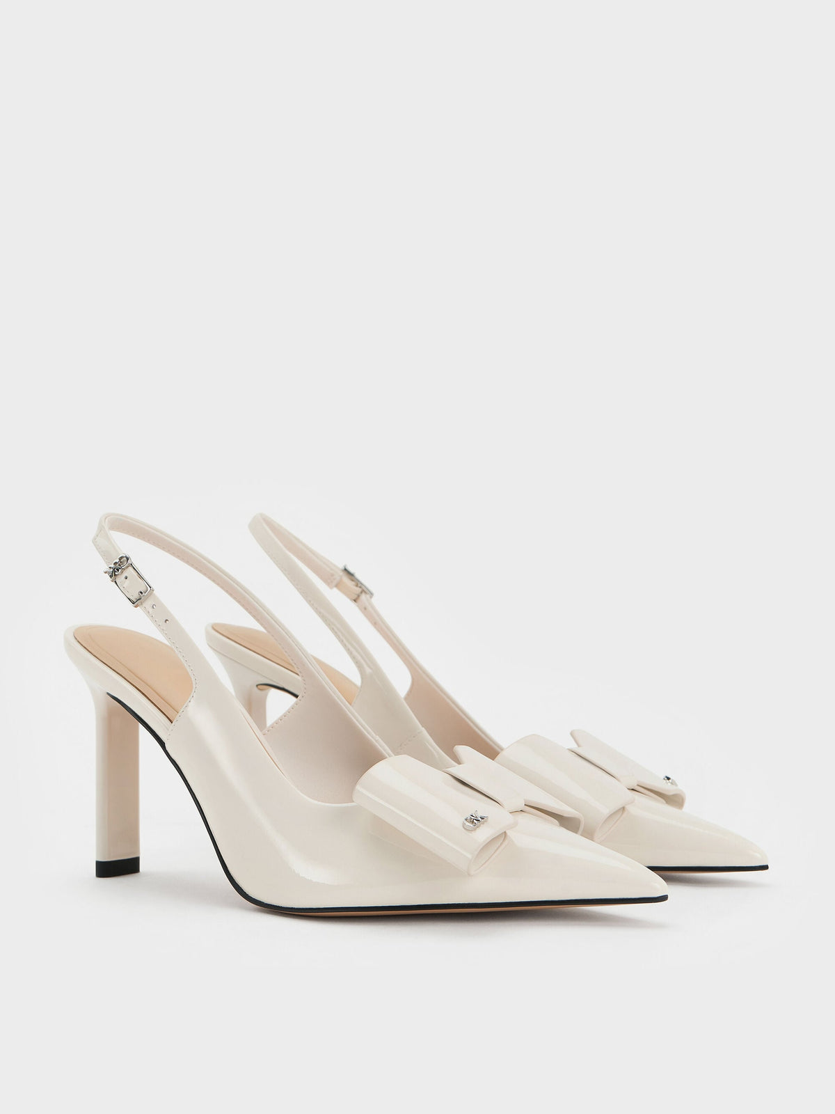 CHARLES & KEITH Sale / Lu Patent Leather Bow Slingback Pumps - Chalk