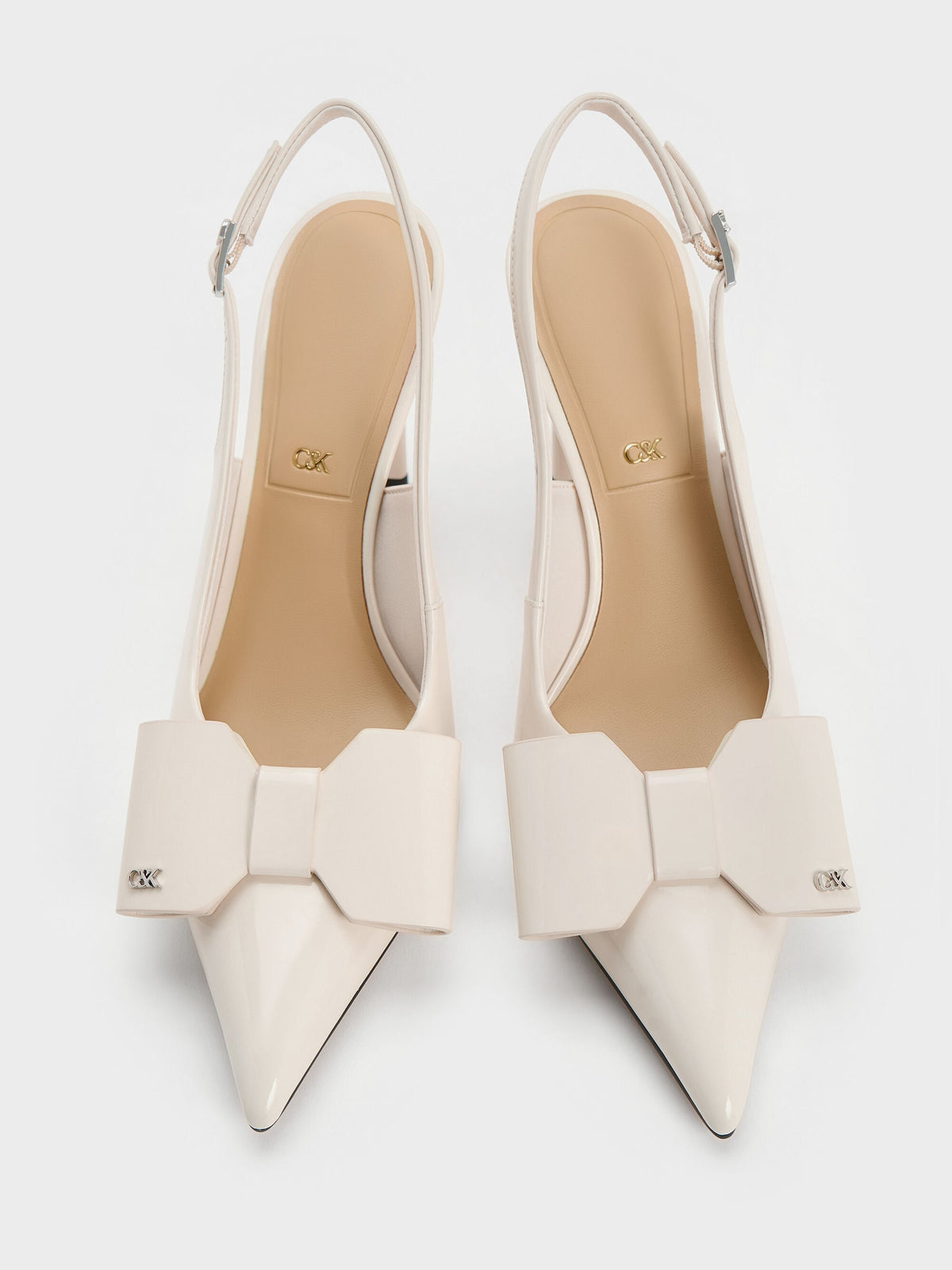 CHARLES & KEITH Sale / Lu Patent Leather Bow Slingback Pumps - Chalk
