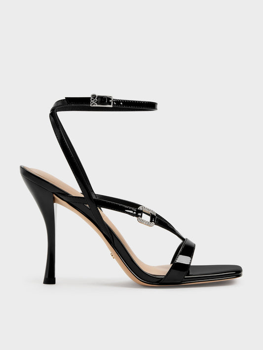 CHARLES & KEITH Customer Favorite / Patent Leather Crystal-Buckle Ankle-Strap Heels - Black Patent