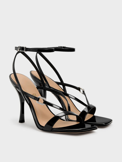CHARLES & KEITH Customer Favorite / Patent Leather Crystal-Buckle Ankle-Strap Heels - Black Patent