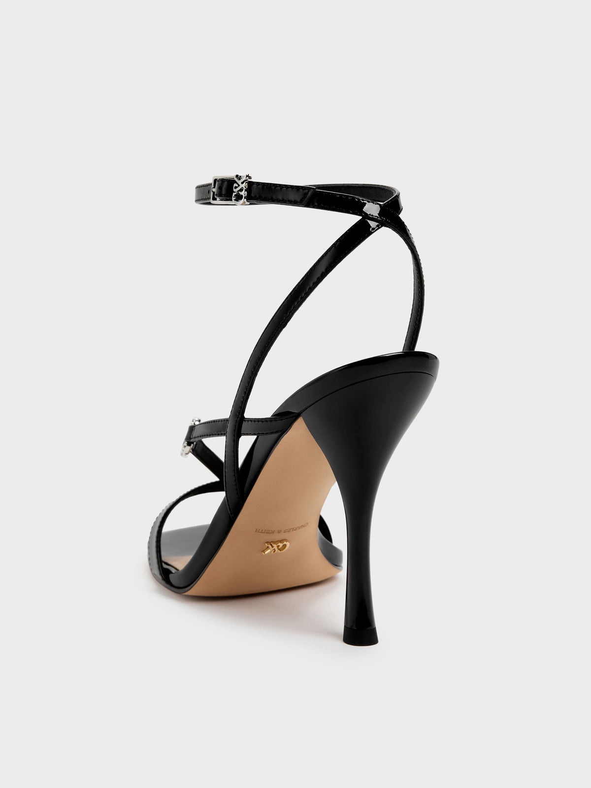 CHARLES & KEITH Customer Favorite / Patent Leather Crystal-Buckle Ankle-Strap Heels - Black Patent