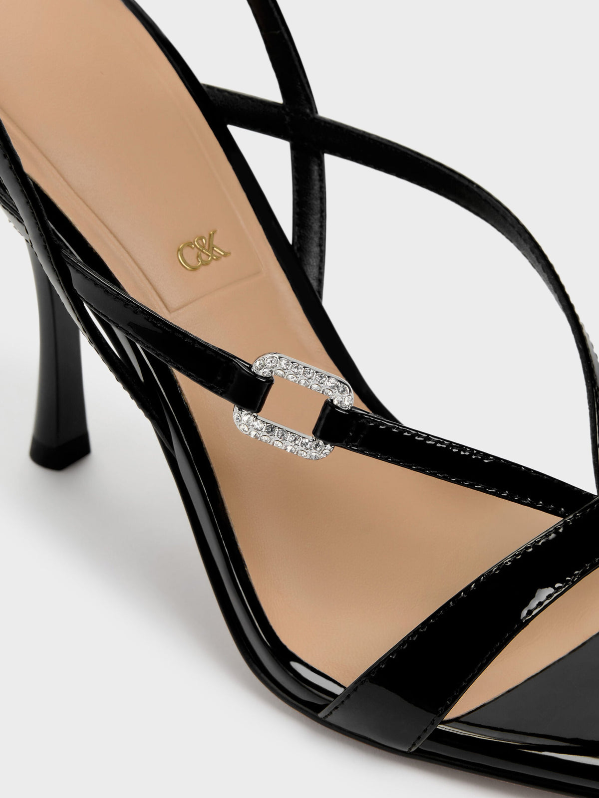 CHARLES & KEITH Customer Favorite / Patent Leather Crystal-Buckle Ankle-Strap Heels - Black Patent