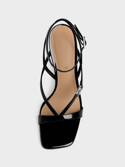 CHARLES & KEITH Customer Favorite / Patent Leather Crystal-Buckle Ankle-Strap Heels - Black Patent