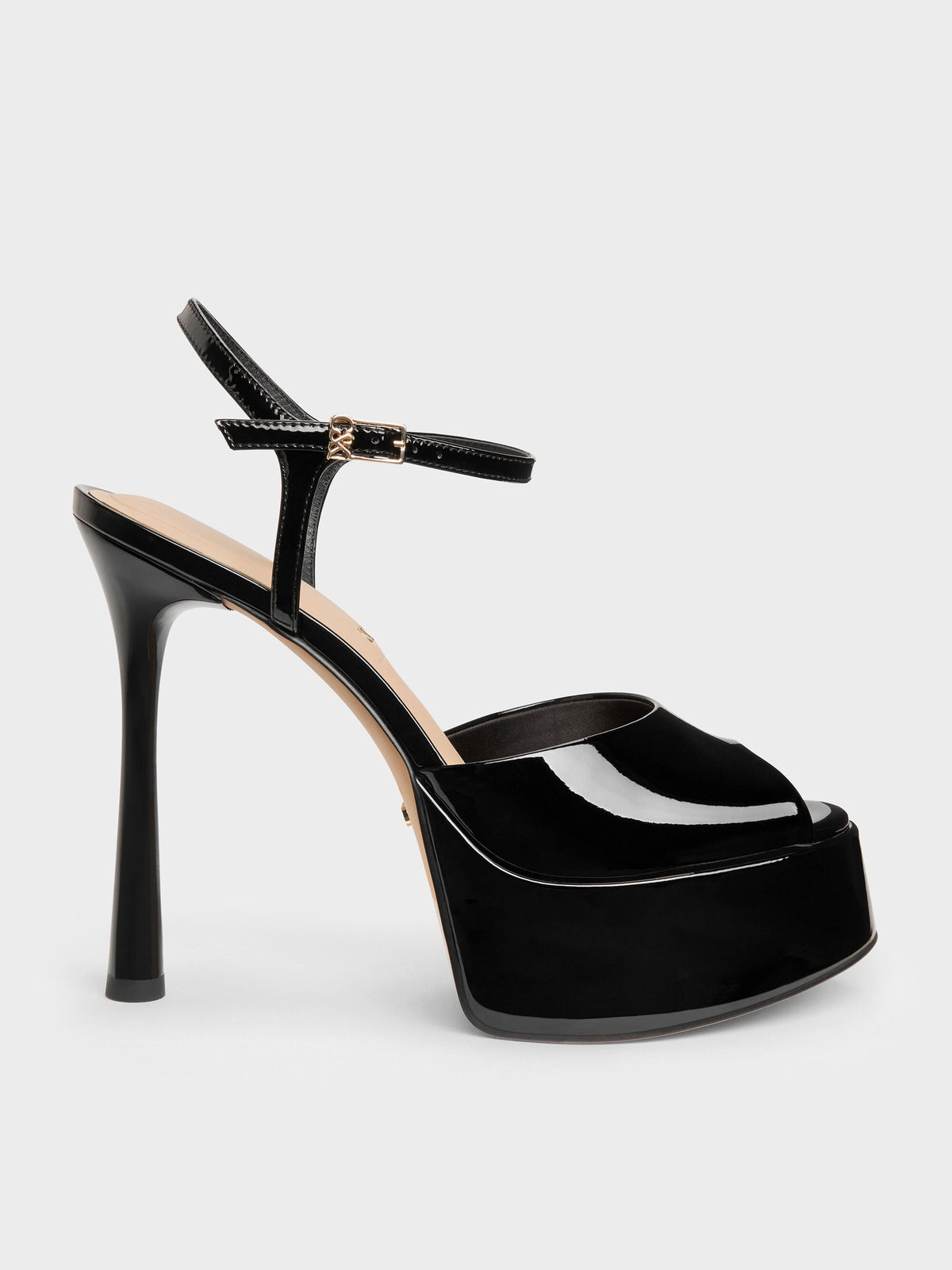 CHARLES & KEITH Special Offer / Francesca Patent Leather Peep-Toe Platform Heels - Black Patent