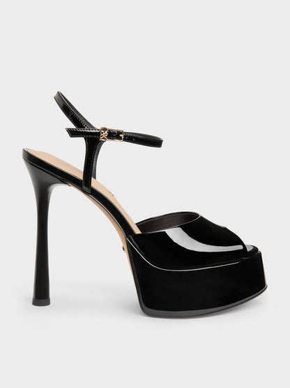 CHARLES & KEITH Special Offer / Francesca Patent Leather Peep-Toe Platform Heels - Black Patent
