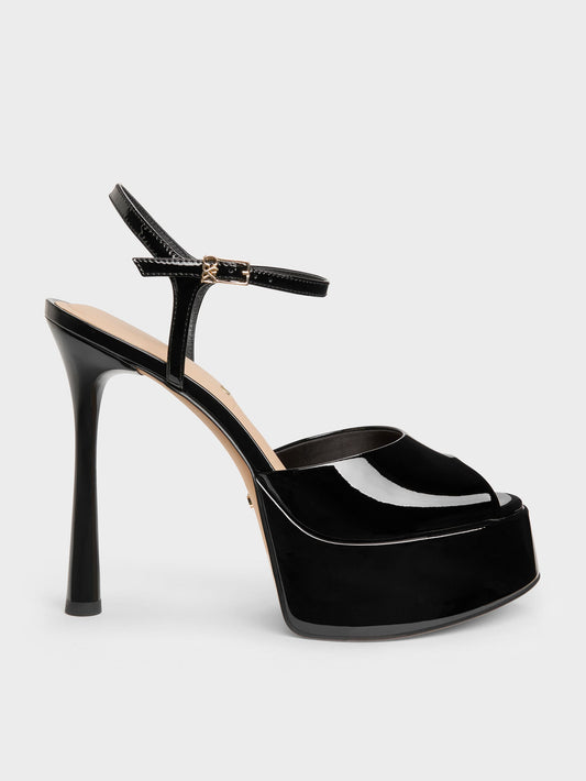 CHARLES & KEITH Special Offer / Francesca Patent Leather Peep-Toe Platform Heels - Black Patent