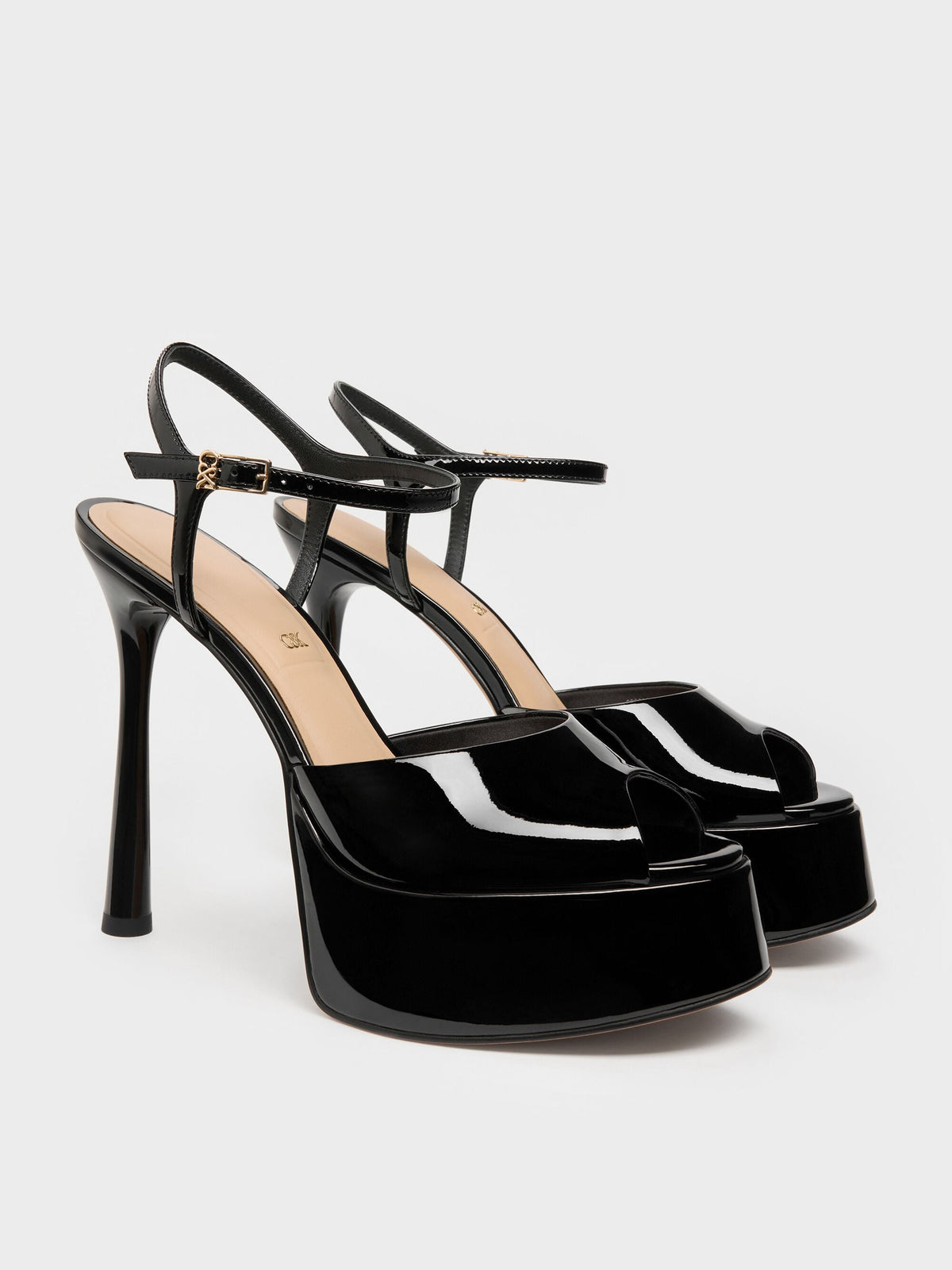 CHARLES & KEITH Special Offer / Francesca Patent Leather Peep-Toe Platform Heels - Black Patent