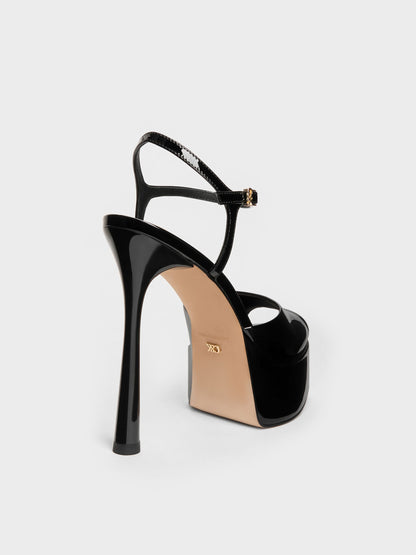 CHARLES & KEITH Special Offer / Francesca Patent Leather Peep-Toe Platform Heels - Black Patent