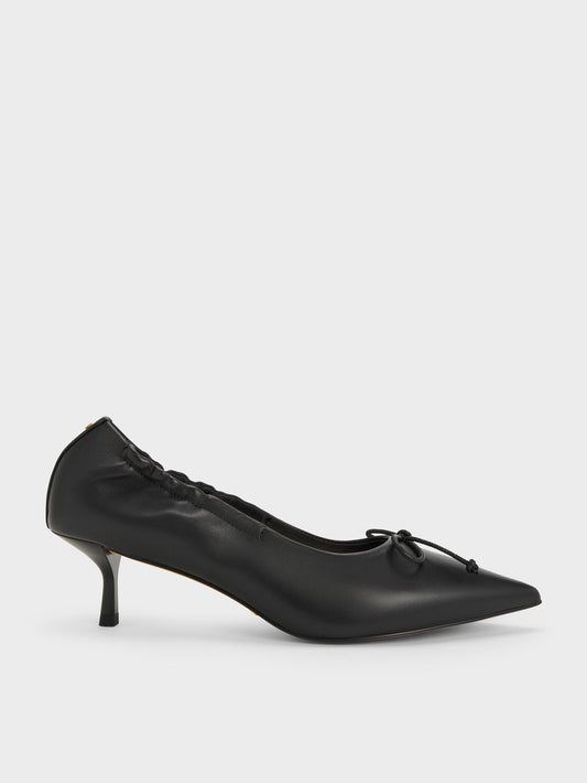 CHARLES & KEITH Classic / Leather Ruched Pointed Kitten Heels - Black