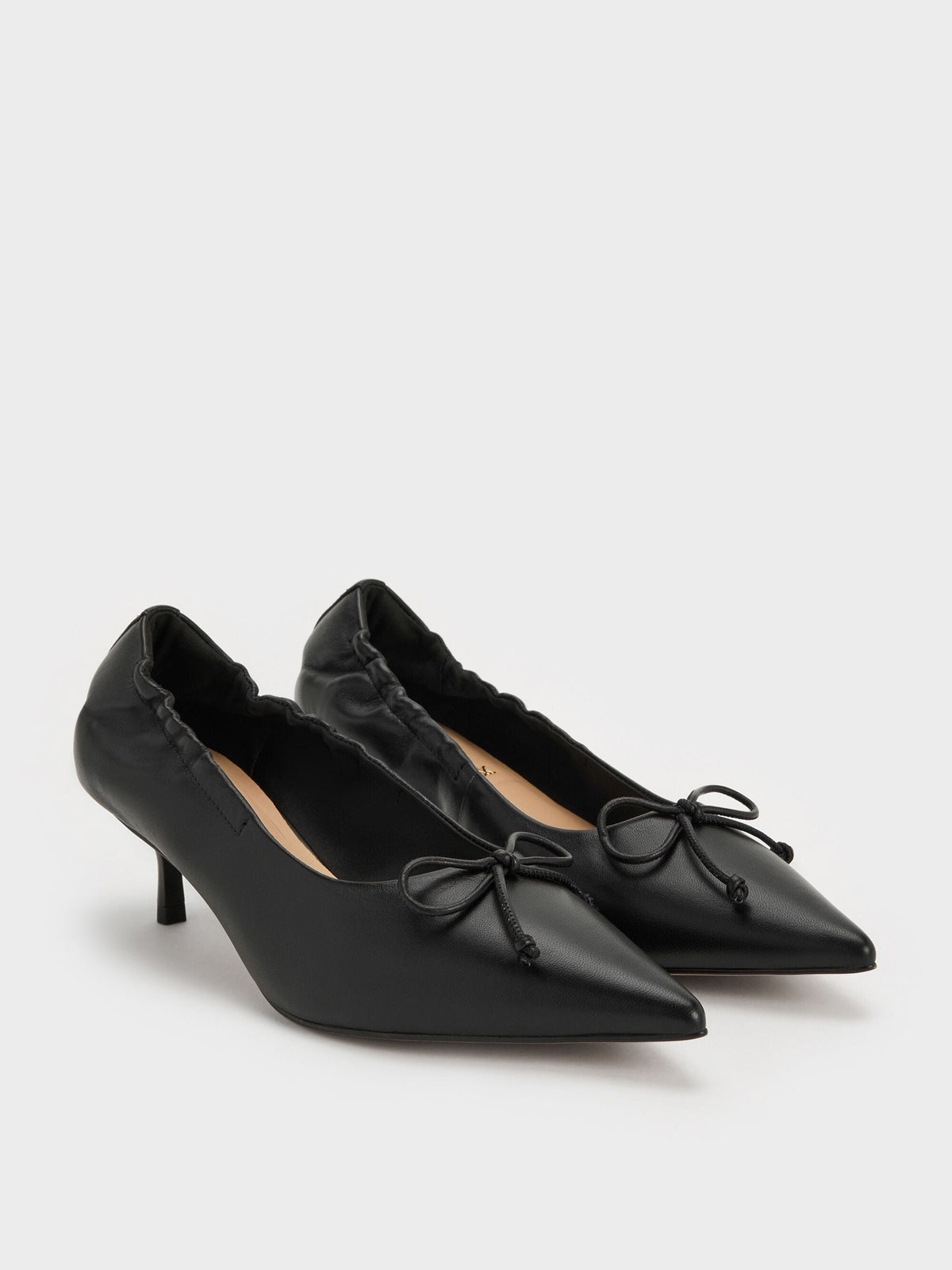 CHARLES & KEITH Classic / Leather Ruched Pointed Kitten Heels - Black