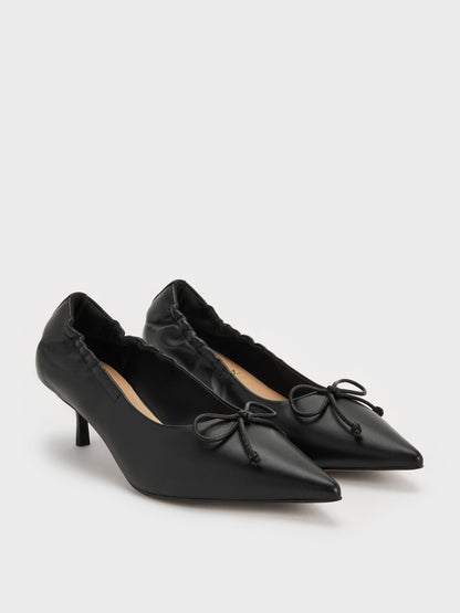 CHARLES & KEITH Classic / Leather Ruched Pointed Kitten Heels - Black