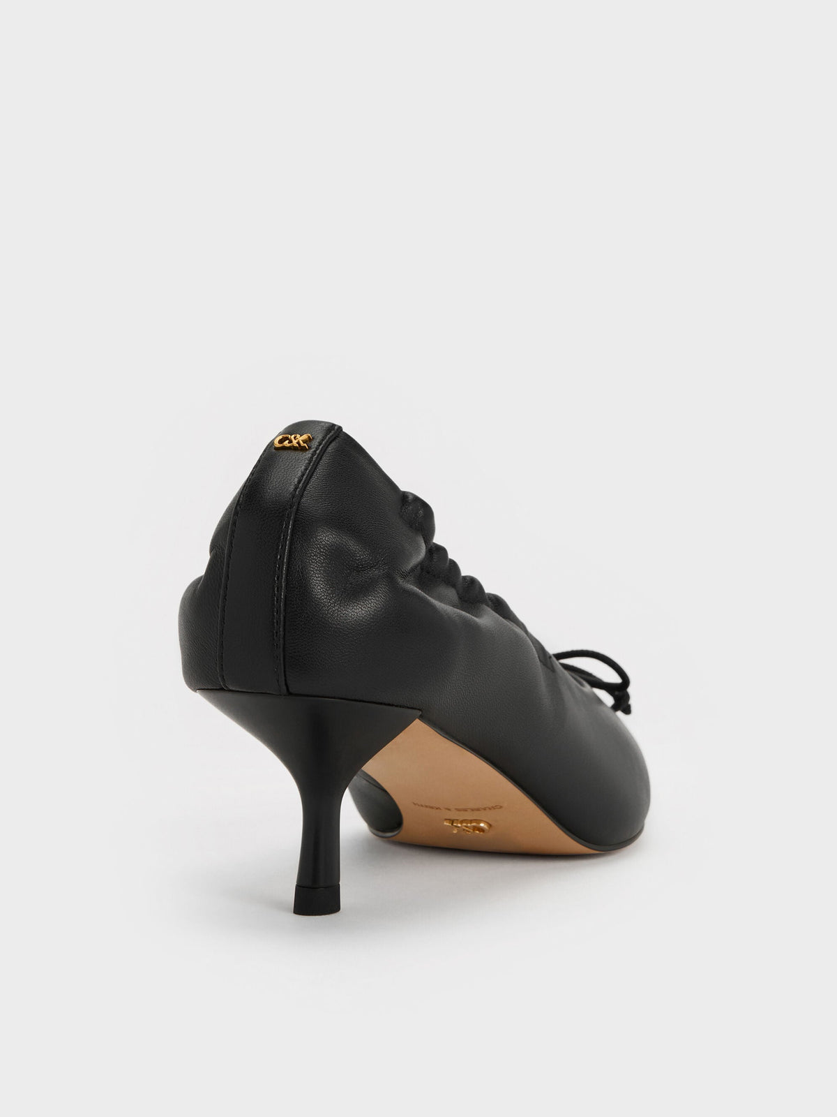 CHARLES & KEITH Classic / Leather Ruched Pointed Kitten Heels - Black