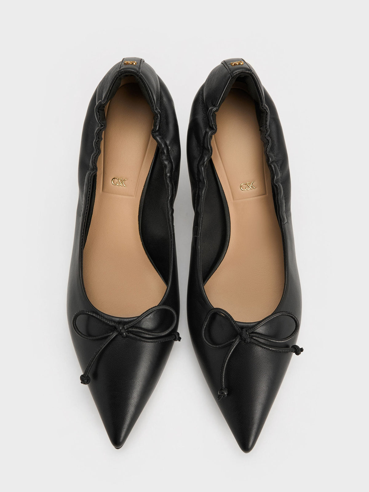 CHARLES & KEITH Classic / Leather Ruched Pointed Kitten Heels - Black