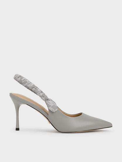 CHARLES & KEITH Quality / Tully Leather Ruched Print Slingback Pumps - Grey