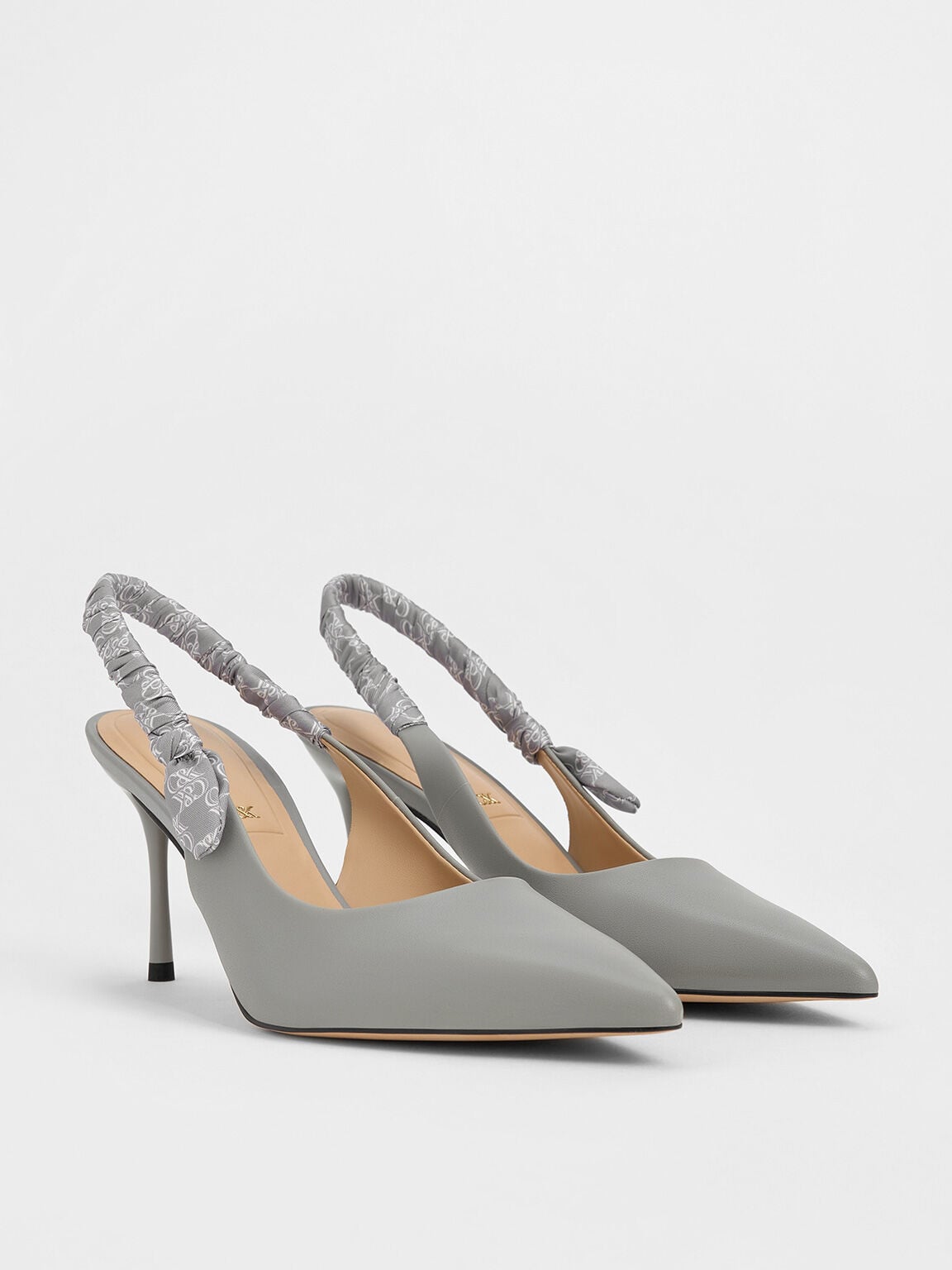 CHARLES & KEITH Quality / Tully Leather Ruched Print Slingback Pumps - Grey