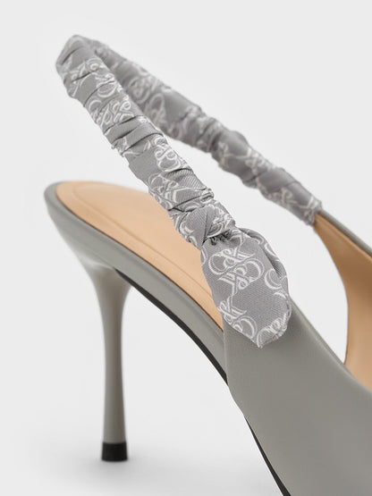 CHARLES & KEITH Quality / Tully Leather Ruched Print Slingback Pumps - Grey