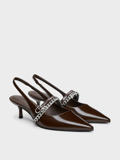 CHARLES & KEITH Exclusive / Georgie Chain Slingback Kitten Heels - Dark Brown