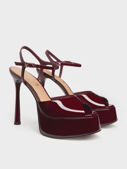 CHARLES & KEITH Discount / Francesca Patent Leather Peep-Toe Platform Heels - Burgundy