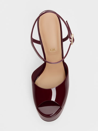 CHARLES & KEITH Discount / Francesca Patent Leather Peep-Toe Platform Heels - Burgundy