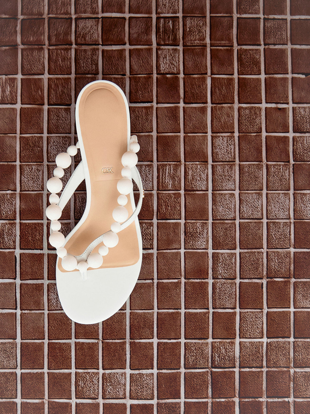 CHARLES & KEITH Featured / Leather Beaded Thong Kitten Heels - Chalk