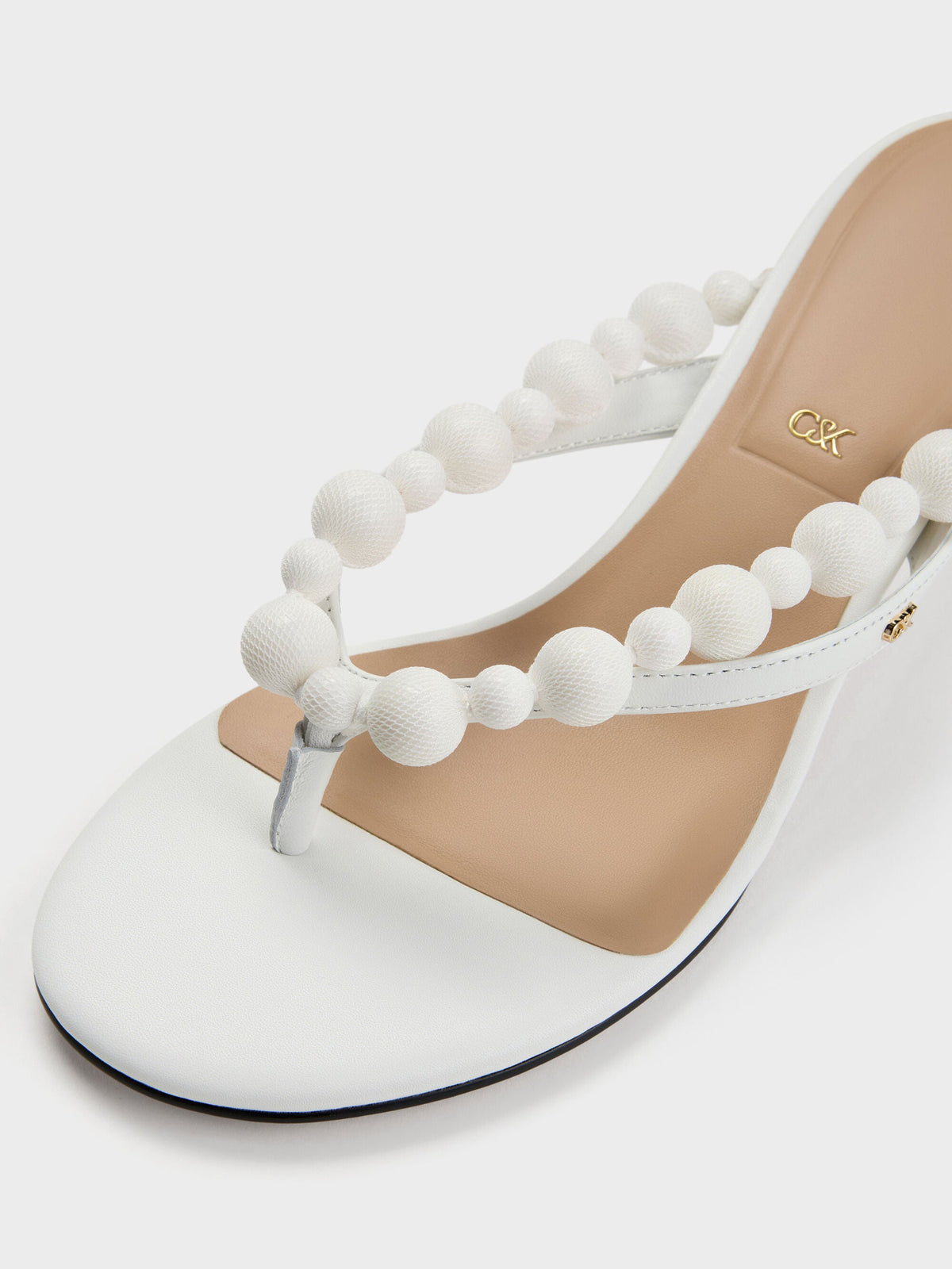 CHARLES & KEITH Featured / Leather Beaded Thong Kitten Heels - Chalk