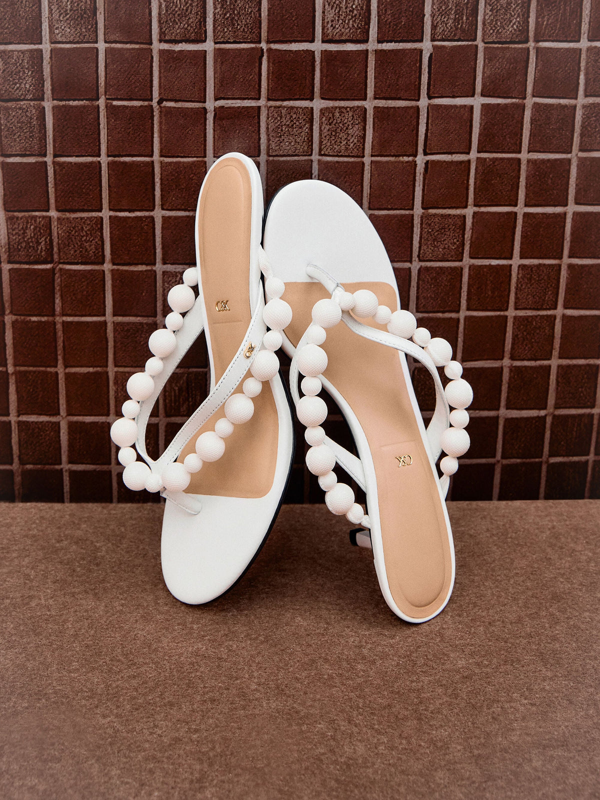CHARLES & KEITH Featured / Leather Beaded Thong Kitten Heels - Chalk