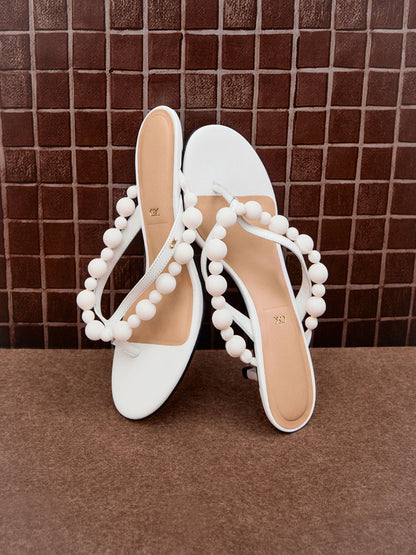 CHARLES & KEITH Featured / Leather Beaded Thong Kitten Heels - Chalk